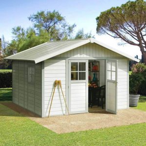 Deco PVC Garden Summerhouse displayed in White and Green/Grey
