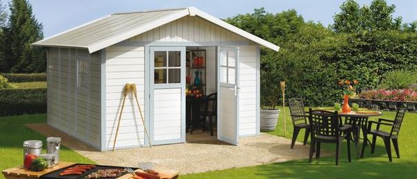 Deco PVC Garden Summerhouse displayed in White and Blue/grey